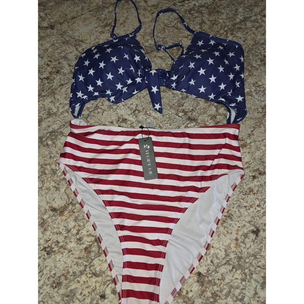 Patriotic Flag Cut Out One Piece Swimsuit Tummy Control New Size XL